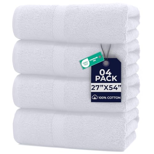 Image of DAN RIVER Bath Towels Set of 4, 27 x 54 Inches, 100% Cotton, Larger & Lighter Weight, Quicker to Dry, Super Soft and Absorbent, Ideal White Towels for Daily Use