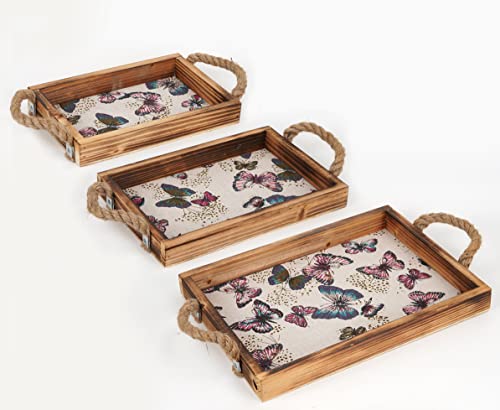 Lot de 3 plateaux de service en bois avec poignée en corde de chanvre - Plateau décoratif en bois - Motif papillon
