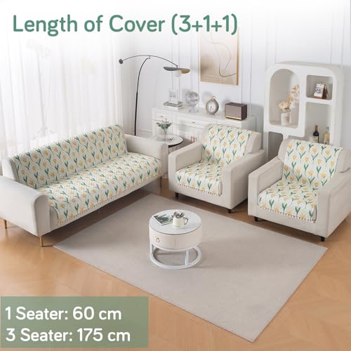 Image of HOKIPO Tulip Blossom Quilted Sofa Cover 5 Seater with Tassels Set - Sofa Cover for Seat & Back | 'Tassel Twigs' Series (IN-991-T4 + IN-989-T4)
