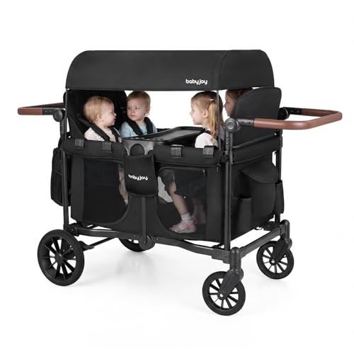 Image of BABY JOY Wagon Stroller for 4 Kids, Foldable Stroller Wagon with Removable Canopy, Adjustable Handle, Snack Tray, Parent Organizer, 5-Point Safety Harness, Convertible Diaper Bag/Changing Pad (Black)