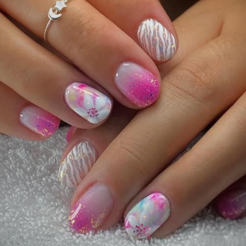 Image of Pink Ombre Press on Nails Glitter Fake Nails Flower Nail Press ons with Stripe Design Glossy Full Cover Short Square Stick on Nail for Women Manicure 24Pcs