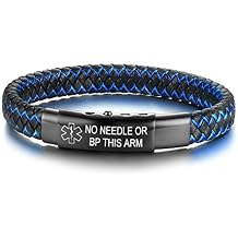 VNOX Medical Alert Bracelets for Men Women Leather Braided Personalized Medical ID Bracelets Black Custom Medic Life Alert Emergency Bracelet Wristband Stainless Steel Allergy Medical Jewelry