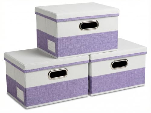 Image of PRANDOM Storage Bins with Lids [3-Pack] Linen Fabric Foldable Storage Boxes Organizer Containers Baskets Cube with Cover for Bedroom Closet Office Purple&White（11.4X8.6X6.7