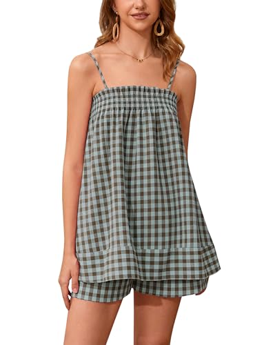 Image of calbatic Women 2 Piece Lounge Set Striped Summer Pajama Set Sleeveless Peplum Cami Top and Wide Leg Shorts Set Beachwear
