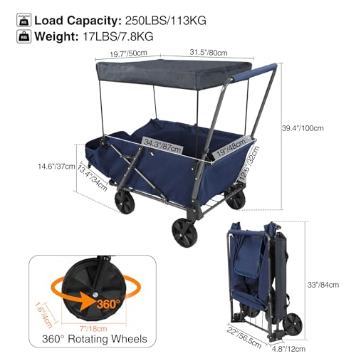 REDCAMP Collapsible Garden Cart Dog Wagon, Heavy Duty Folding Pet Wagon with Open Tailgate & Waterproof Removable Canopy for Outdoor Camping Shopping Sports