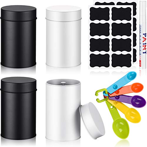 4 Pieces Double Seal Tea Tin Canister Airtight Loose Tea Canisters with Lids Tea Storage Containers Set with 2 Sheets Chalkboard Labels and 5 Pieces Spoons and 1 Piece Pen for Tea Coffee Sugar Storage