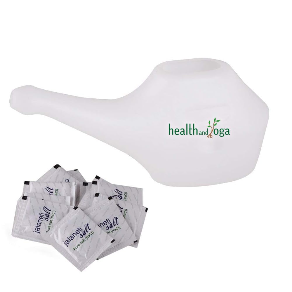 HealthAndYoga® QwikFlo Plastic Neti Pot (White-200 ml) + HealthAndYoga® Jala Neti Salt Sachets (Pack of 10)- For Blocked Nose, Cold & Headaches- Complete Saline Nasal Wash Yoga Detox Travel Kit-image-45