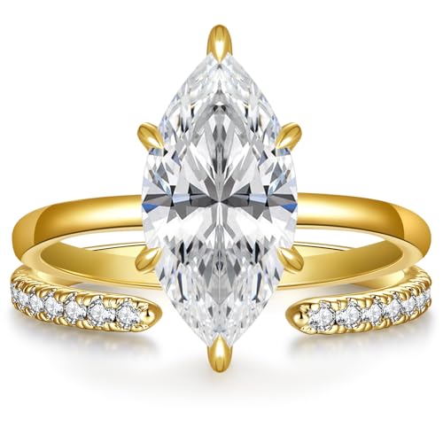 3.5CT Marquise Cut Engagement Ring Set for Women, Wedding Promise Cubic Zirconia Band, 14K Gold/White Gold Plated Stackable Adjustable Bridal Half Eternity Open Rings, Size 5-9
