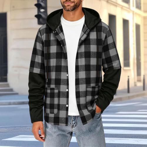 Men Flannel Shirts Casual Long Sleeve Button Down Shirt Plaid Hooded Jacket - image 2