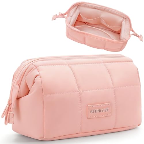 Image of Puffy Makeup Bag Travel Toiletry Bag, Waterproof Make Up Bag for Women, Lightweight Wide-open Cosmetic Bag with Multiple Compartments, Pouch Travel Essentials Toiletries, Pink