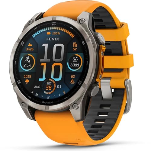 Image of Garmin Fenix 8 47mm AMOLED Sapphire Multisport GPS Smartwatch, Titanium with Spark Orange Silicone Band, 010-02904-10 - Bundle w /Deco Essentials Charging Dock, Dust Cover and USB-C Cable