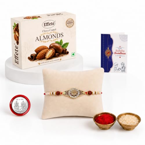 Image of DeoDap Designer Round Rudraksha Beads Rakhi for Brother, Choco Coated Almonds Chocolate 32gm, Pooja Coin, Roli Chawal & Card | Rakhi with Chocolate Combo for Raksha Bandhan