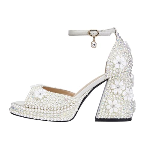 Image of Goolita Womens Open Toe Pearl Platform Heels For Women Chunky Buckle Ankle Strap Wedding Heeled Sandals Dress Evening Bride Bridal Shoes