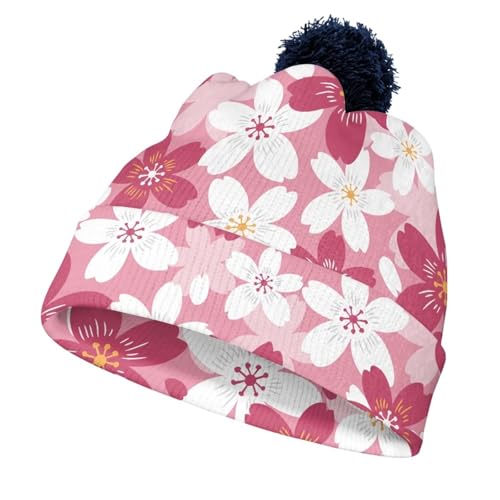 Hechitok Knit Winter Cherry Blossom Beanie Hats, Beanie Knit Soft Warm Cuffed Hat for Girls Boys for Work Vacation Spring Autumn, Blue Ball