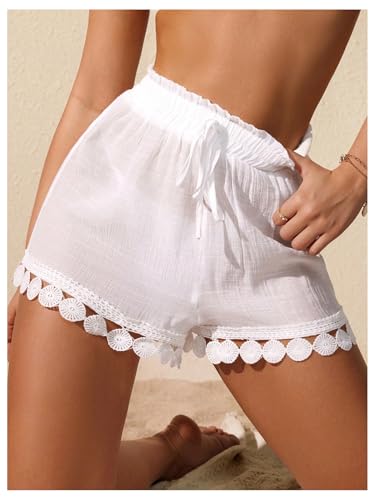 OYOANGLE Women's Swimsuit Cover Up Elastic Drawstring Waist Lace Trim Beach Shorts Coverups4