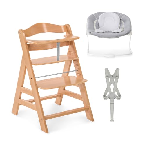 hauck Alpha+ Hochstuhl Set inkl. Alpha Bouncer 2in1 Babysitz & Babywippe - Mitwachsender Holzhochstuhl aus Buche ab Geburt bis 90 kg, Höhenverstellbar, TÜV Geprüft
