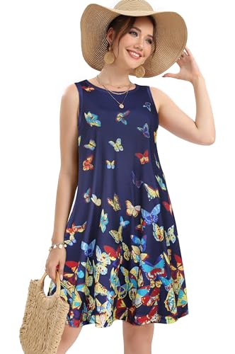 Image of elescat Women's Summer Dresses 2026 Beach Casual Sleeveless Floral Print Tank Loose Sundress with Pocket