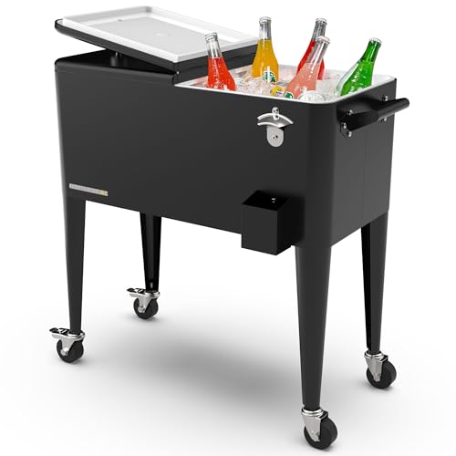 Permasteel 80-Qt Classic Outdoor Patio Cooler for Outside, Outdoor Beverage Cooler Bar Cart, Rolling Cooler with Wheels & Handles, Retro Design, Black
