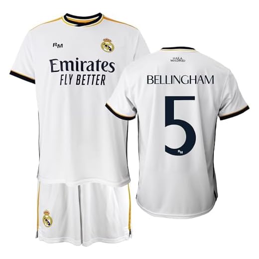 Real Madrid Conjunto Niño Camiseta y Pantalón Primera Equipación de la Temporada 2023-2024 - Bellingham 5 - Replica Oficial con Licencia Oficial - Niño (6 Años)