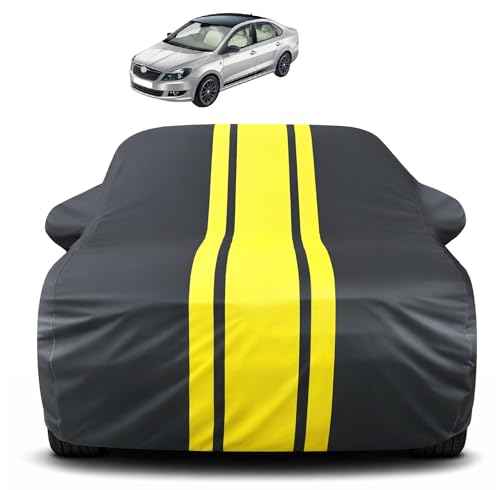 Image of Auto Hub Car Cover Compatible with Skoda Rapid with Mirror Pocket, Soft Cotton Lining, Rapid Car Cover Waterproof - Yellow-Black