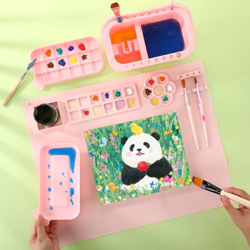 Image of Fuyoooo 2 Pcs Painting Supplies Set with Silicone Painting Mat & Paint Brush Cleaner Bucket for Crafts Paint Brush Holder Organizer with Palette Party Art Supplies for Kids, Adults & Beginners