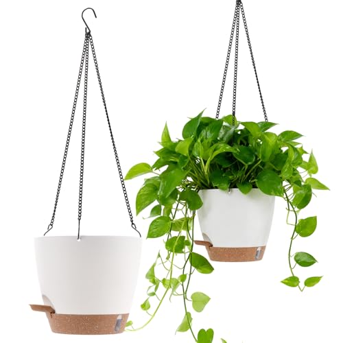 SINJEUN 2er Set Hängender Blumentopf, 20,3 x 17,8 cm Hängetopf mit Wasserspeicher, Weiß Blumenampel Hängend für Pflanzen, Innen und Außen