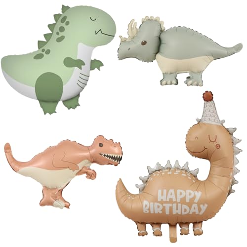 Giant Cute 3D Dino Balloons Set, 4 Pcs Self Standing Foil Mylar Helium Balloons for Outdoor Dinosaur Party Birthday Decor Supplies