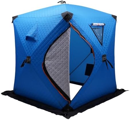 Portable Ice Fishing Tent, 1-2 People Ice Fishing Shelter, Lightweight Thermal Ice Fishing Tent with Ice Anchors, Carry Bag, Insulated Layer for Ice Winter Fishing(57.09*57.09*64.96 in) (Blue)