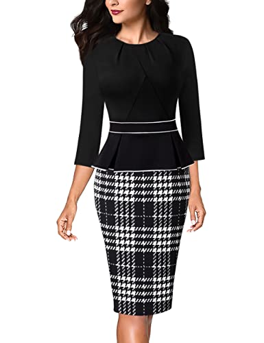 Image of VFSHOW Womens Pleated Crew Neck Peplum Slim Work Business Dress Elegant 3 /4 Sleeves Office Church Bodycon Pencil Sheath Dress