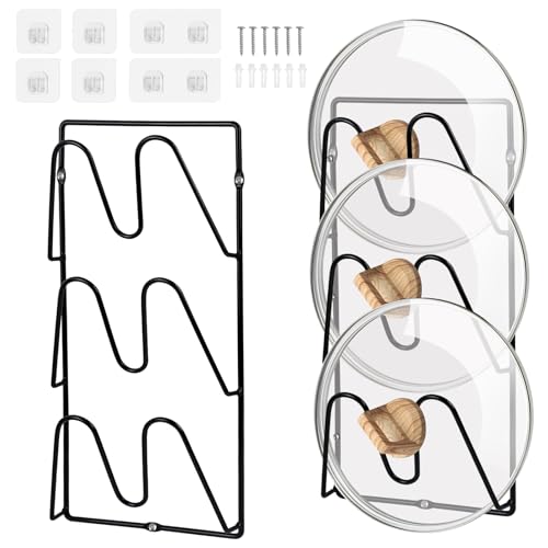 YRYUNRUI 2 Pack 3 Tier Pot Lid Organizer Rack, No Drilling Adhesive Pot Lids Holder, Wall Mounted Pots and Pans Organiser, Metal Pot Lids Holder for Kitchen Storage (Black)