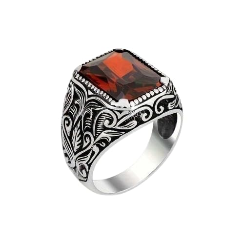 bling queen Men's Silver Plated Fashion Engraved Square Red Cubic Zirconia Ring-picture-22