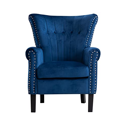 Restworld Velvet Single Accent Chair Upholstered Tufted Wingback with Nail Trimed Around for Bedroom Living Room,Blue
