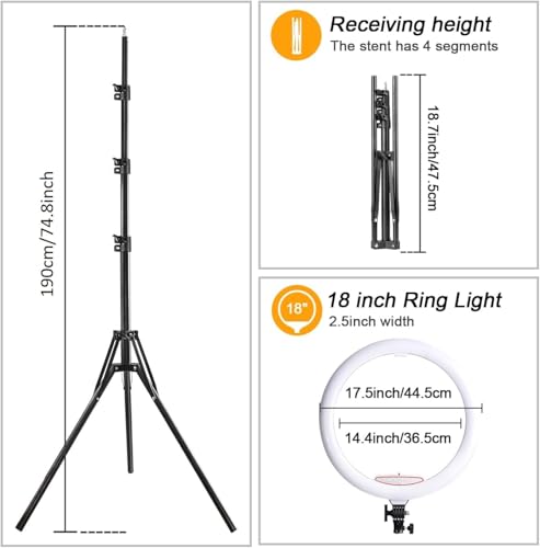 Image of KRLZ 18 inch LED Ring Light for Phone, Remote Lights Control, 2700-6500K, Tripod Light for iPhone Action Camera, for Studio Makeup TikTok YouTube Video Salon