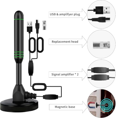 Image of Indoor TV Antenna with 2 Signal Boosters & 32FT Cable - Digital Antenna for Smart TV, Magnetic Base, Supports 4K 1080p - Dual Amplifiers for Long Range Reception of Local Channels(Green)