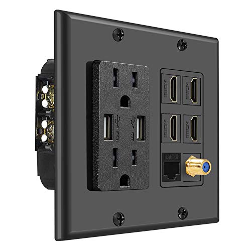 Placa de pared HDMI que elimina el desorden de cables con toma de corriente 15A y cargador USB