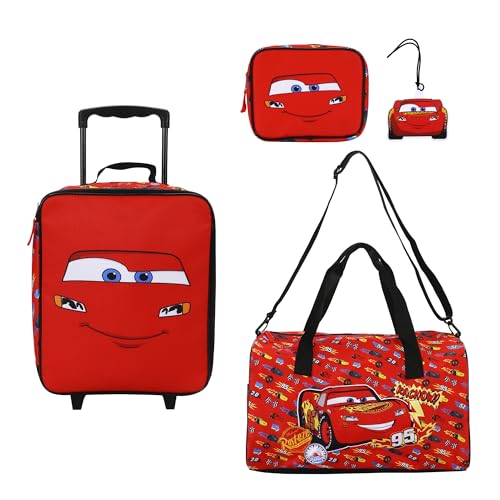 Bioworld Cars Lightning McQueen Kids 4-Piece Travel Set With Suitcase Duffle Bag Toiletries Case and Luggage Tag