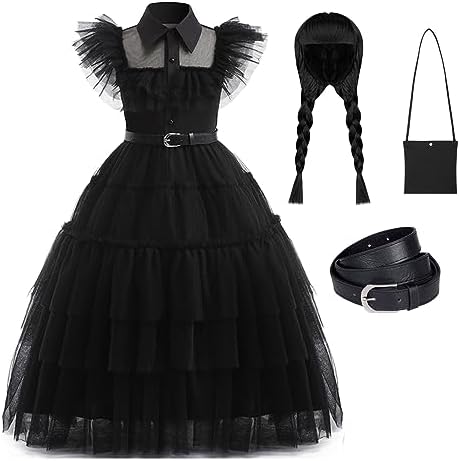 Black Costumes Merlina Dress up for Girls Kids Halloweenwith Wig ...