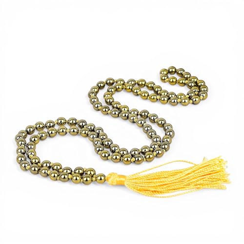 Mala hématite dorée 108 perles 6 mm noué main avec pompon