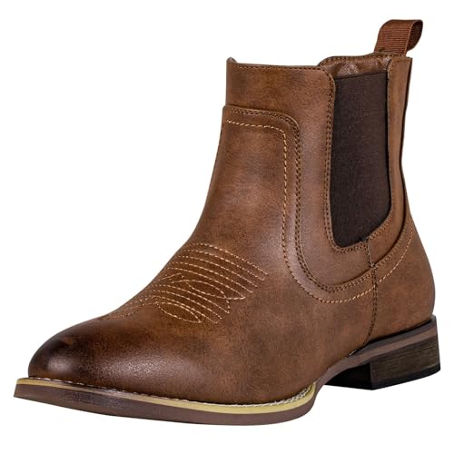 J's.o.l.e Chelsea Cowboy Boots for Men Western Round Toe PU Leather Dress Casual Work Ankle Boots Brown