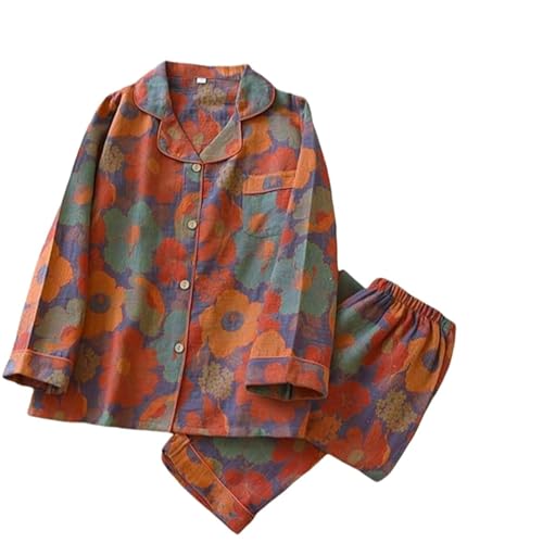Image of Vintage Leaf Cotton Lapel Loungewear Set, Ginkgo Leaf Button Colorful Floral Pure Pajama, Women's Fashion Sleepwear