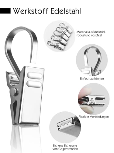 Sinofort 100 Stück Gardinenhaken, Klammern Metall, Silber Vorhang Haken, Stoffklammern, Gardinen Klammern zum Einhängen Duschvorhang Lichterketten Fotos Heimdekoration