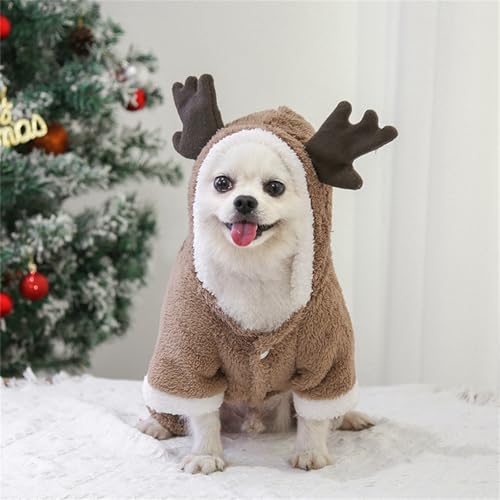 ペット 服 猫 犬 着ぐるみ 犬の服 トナカイ サンタ ハロウィン クリスマス フード付き ゆったり コスチューム コスプレ 面白い 人気 柔らか 暖かい かわいい 防寒 洋服 小型 中型犬服 記念 撮影 年賀状 秋 冬 春 (ブラウン, S)