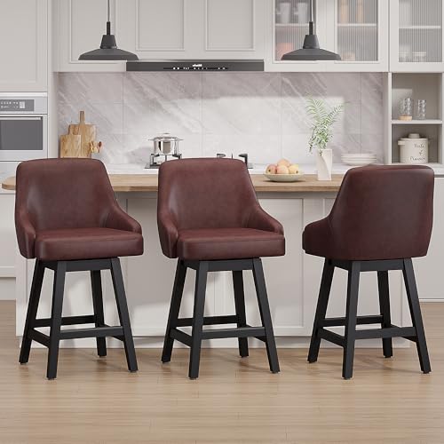Image of YaFiti Swivel Counter Height Bar Stools Set of 3, 24 inch Modern Faux Leather Barstool with Back, Widen Upholstered Seat, Hardened Wood Legs for Kitchen Counter, Island, Dining Room, Brown