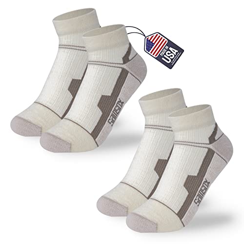 SAMSOX 2-Pair Merino Wool Ankle Running Hiking Socks, Made in USA Cushioned Sport Socks for Men & Women (Moab Quarter) Large Oatmeal