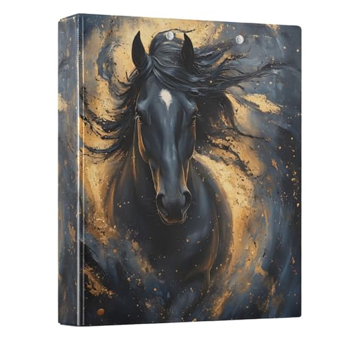 Image of 3 Ring Binder Horse Black Pattern a 1.5 inch Binders Three Ring Binders with Clipboard Fit 8.5'' x 11'' Paper 3 Interior PVC Clear Pockets for Office Supplies