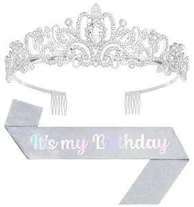 Birthday Tiara and Crown with Sash, Birthday Tiara for Women Party (Silver)