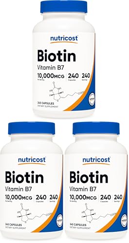 Image of Nutricost Biotin (Vitamin B7) 10,000mcg (10mg) Vitamin Supplement, 240 Capsules - Vegetarian, Gluten Free, Quick Release, Non-GMO (Pack of 3)