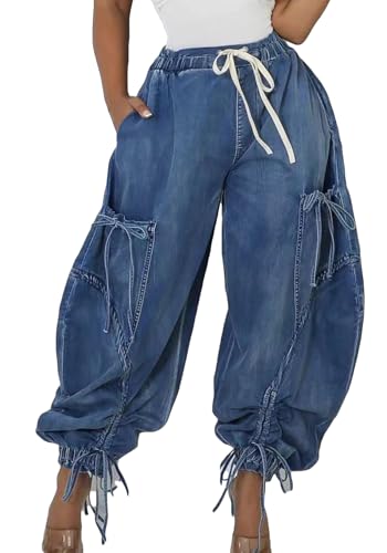Women Baggy Cargo Jeans Drawstring Loose Barrel Wide Leg Jeans Jogger Sweatpants Denim Pants