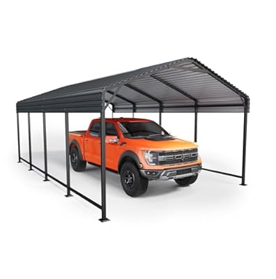 12x20 FT Metal Carport, Enhanced Base and Steel Roof for All-Weather Use, Outdoor Heavy Duty Garage Galvanized Car Shelter for Bass Boats, Full-Sized Pickup Trucks, and Tractors