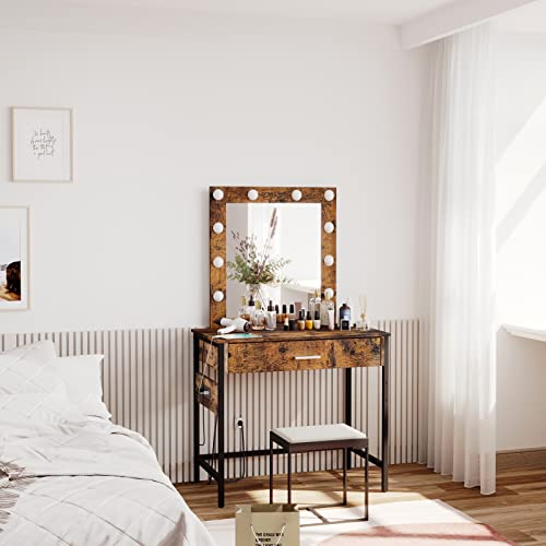 Irontar Makeup Vanity Table With Charging Station And Usb Ports & Power Outlets, Vanity Desk With Lighted Mirror For Mother's Day, 10 Led Blubs & Adjustable Brightness, 1 Drawer, Rustic Brown Wdt001Be #TOP6
